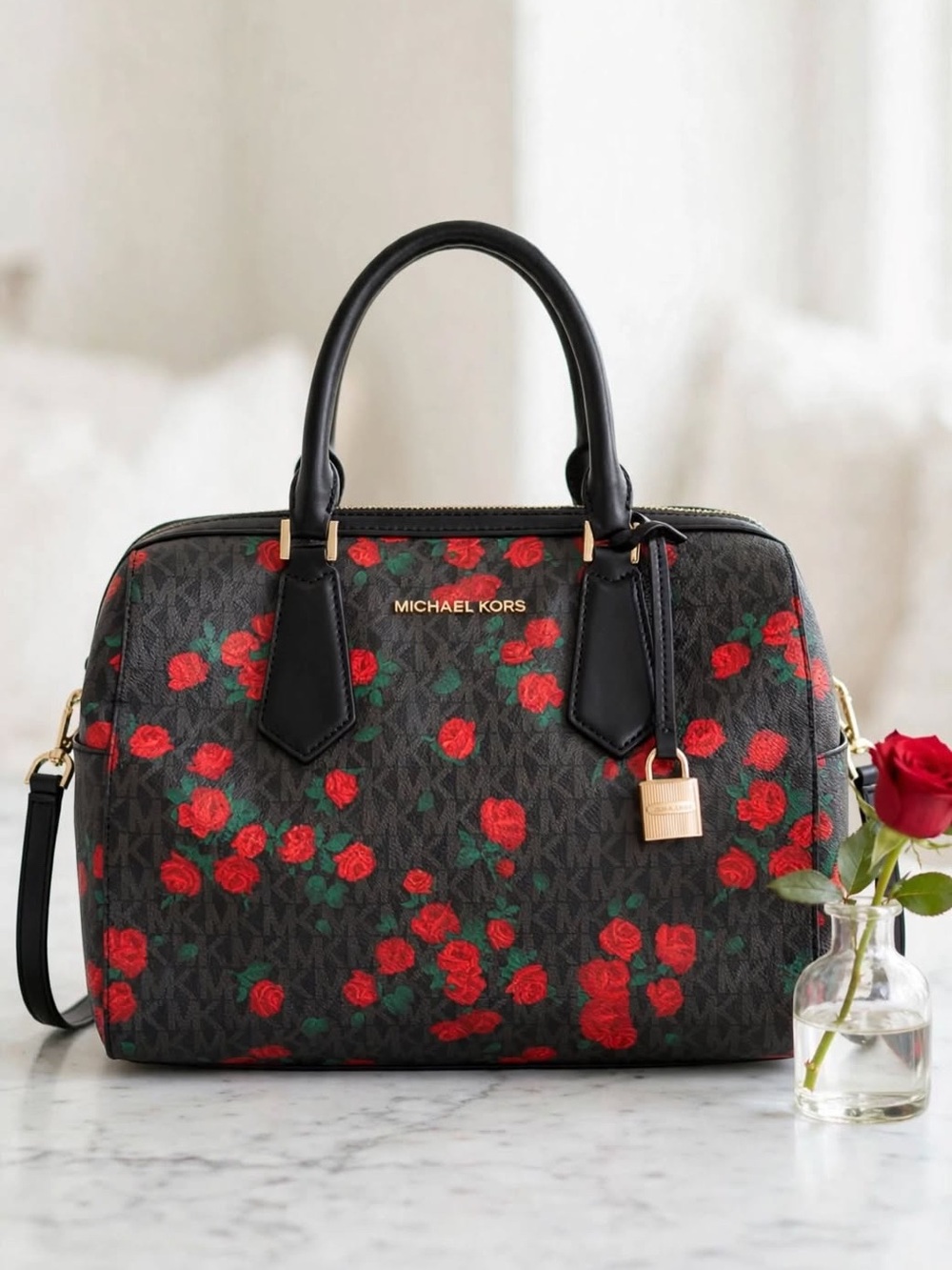 Michael Kors Hayes Duffle Satchel + Wallet Set - Tea Rose Floral Black Red